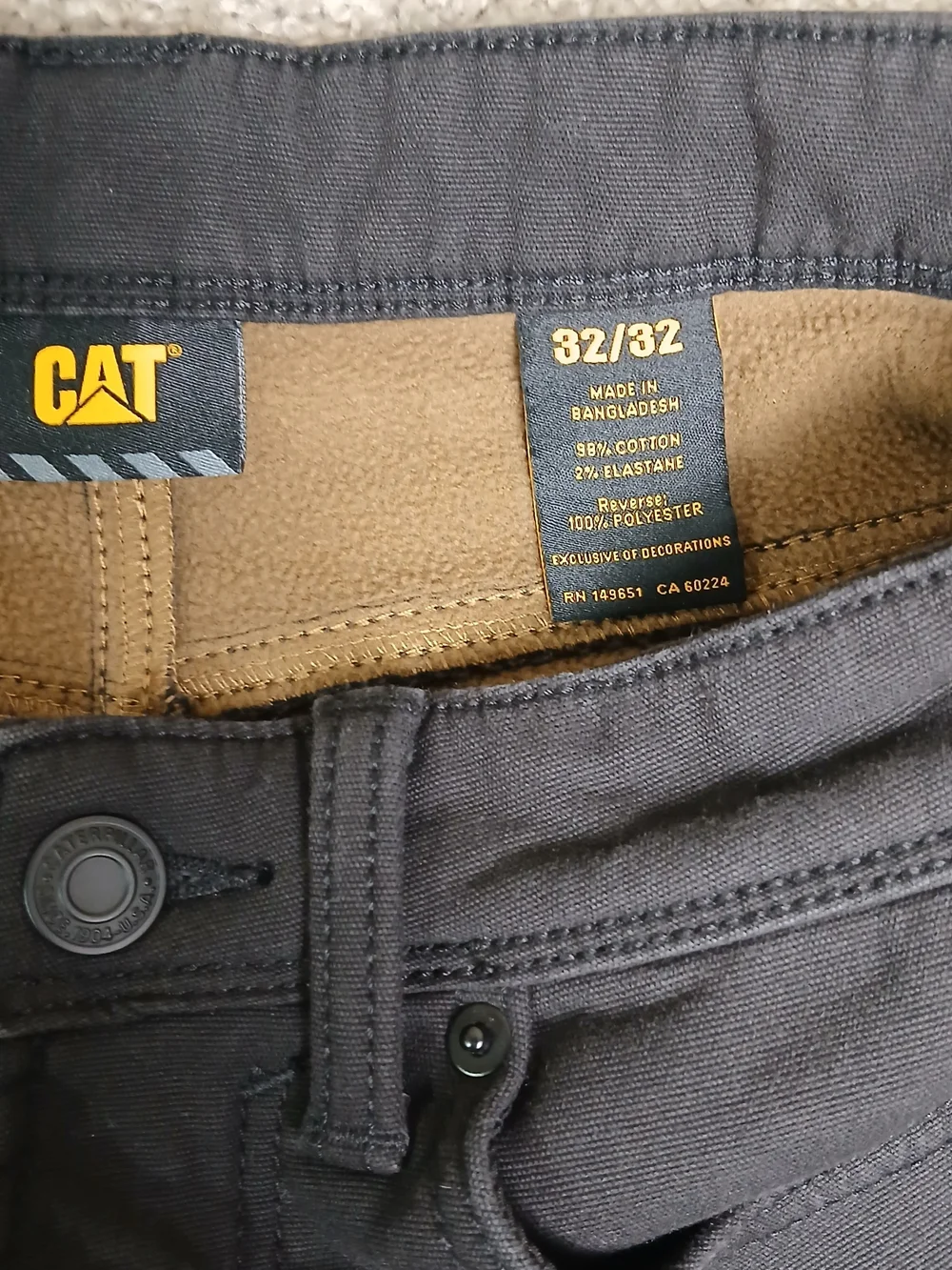 Caterpillar Men's Black Work Pants Fleece Lined Canvas Black Insulated - 32x32